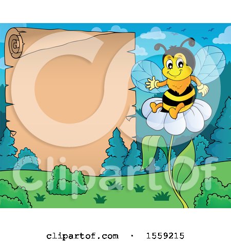 Clipart of a Bee on a Flower by a Scroll - Royalty Free Vector Illustration by visekart