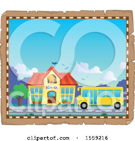 Clipart of a Parchment Page with a School and Bus - Royalty Free Vector Illustration by visekart