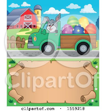Clipart of a Bunny Driving a Pickup Truck Full of Easter Eggs over a Scroll - Royalty Free Vector Illustration by visekart