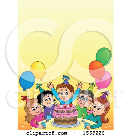 Clipart of a Group of Children Celebrating at a Birthday Party, over Yellow - Royalty Free Vector Illustration by visekart
