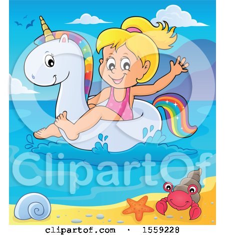 Clipart of a Girl on a Unicorn Swim Float near a Beach - Royalty Free Vector Illustration by visekart