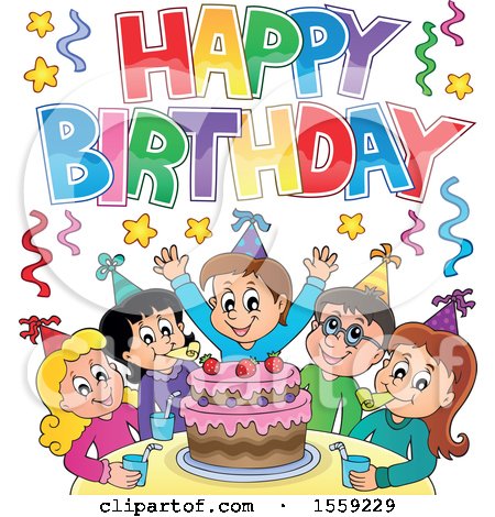 Clipart of a Happy Birthday Greeting over a Group of Children Celebrating at a Party - Royalty Free Vector Illustration by visekart