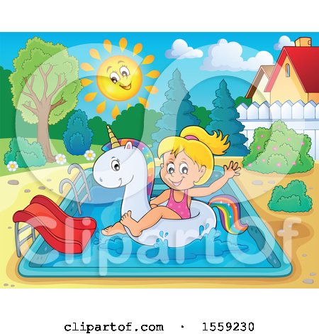 Clipart of a Girl on a Unicorn Float in a Swimming Pool - Royalty Free Vector Illustration by visekart