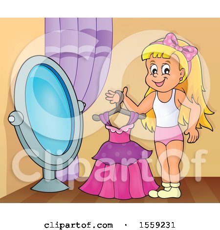 Clipart of a Girl Holding a Dress by a Mirror - Royalty Free Vector Illustration by visekart