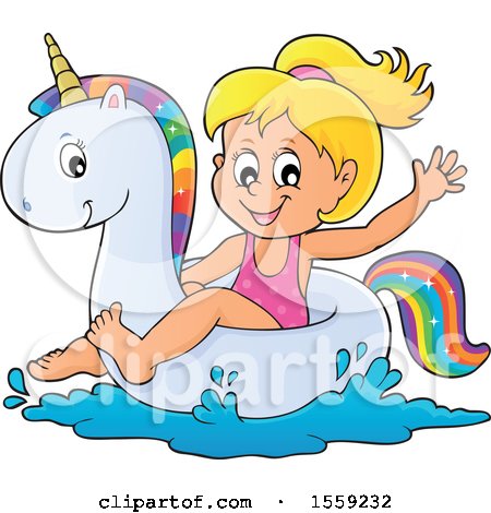 Clipart of a Girl on a Unicorn Swim Float - Royalty Free Vector Illustration by visekart