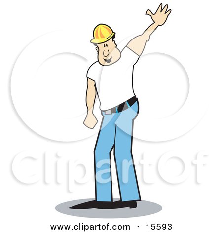 Male Construction Worker Wearing A Hardhat And Waving Clipart Illustration by Andy Nortnik