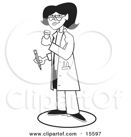 Female Doctor Or Pharmacist Holding A Bottle Of Pills And A Pencil While Prescribing Medication To A Patient In A Hospital Clipart Illustration by Andy Nortnik