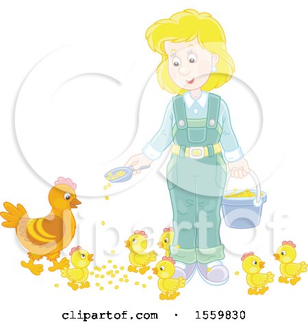 Clipart of a Blond Caucasian Female Farmer Feeding Chickens - Royalty Free Vector Illustration by Alex Bannykh