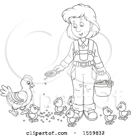 Clipart of a Lineart Female Farmer Feeding Chickens - Royalty Free Vector Illustration by Alex Bannykh