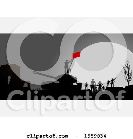 Clipart of a Silhouetted Group of Soldiers and Tank on a Battle Field Against a Full Moon, with White Panels - Royalty Free Vector Illustration by elaineitalia