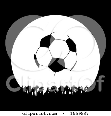 Clipart of a Silhouetted Crowd of Hands Under a Soccer Ball - Royalty Free Vector Illustration by elaineitalia