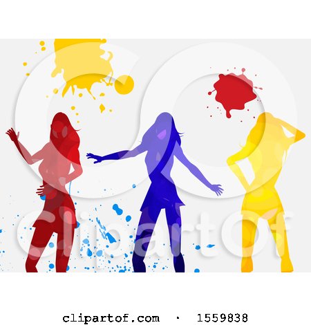 Clipart of a Group of Silhouetted Women Dancing with Paint Splatters, on a Shaded White Background - Royalty Free Vector Illustration by elaineitalia