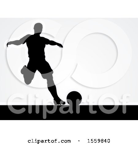 Clipart of a Black Silhouetted Male Soccer Player over Gray - Royalty Free Vector Illustration by AtStockIllustration