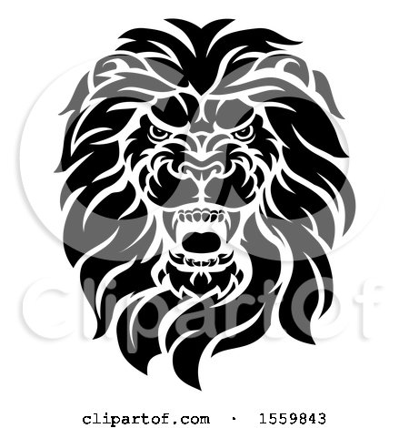 Clipart of a Black and White Roaring Male Lion Head - Royalty Free Vector Illustration by AtStockIllustration
