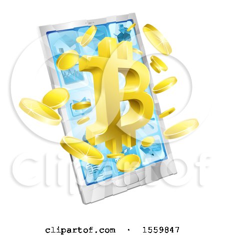 Clipart of a 3d Gold Bitcoin Currency Symbol Bursting from a Cell Phone Screen - Royalty Free Vector Illustration by AtStockIllustration