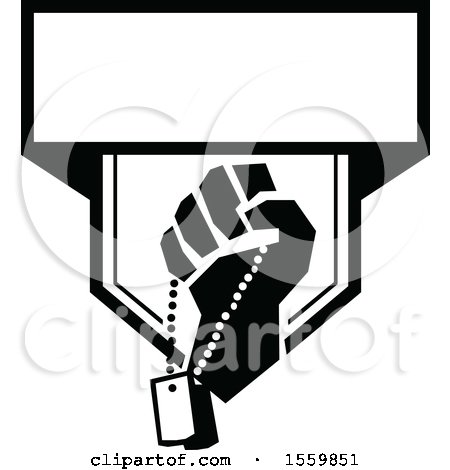 Clipart of a Retro Clenched Fist Holding Military Dog Tags in a Black and White Crest - Royalty Free Vector Illustration by patrimonio