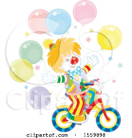 Clipart of a Party Clown Riding a Bicycle, with Balloons - Royalty Free Vector Illustration by Alex Bannykh