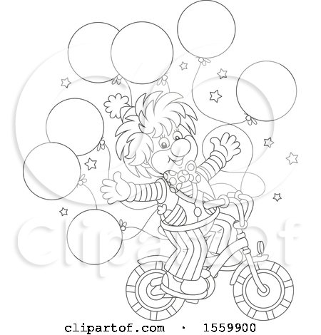 Clipart of a Cute Lineart Clown Riding a Bicycle, with Party Balloons - Royalty Free Vector Illustration by Alex Bannykh