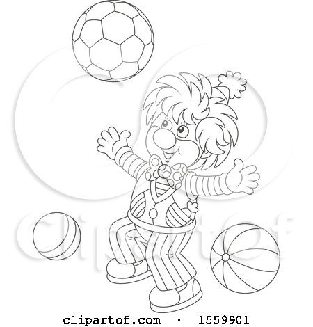 Clipart of a Lineart Clown Playing with a Ball - Royalty Free Vector Illustration by Alex Bannykh