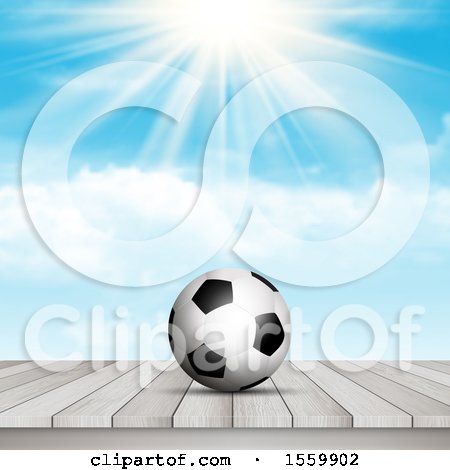 Clipart of a 3d Soccer Ball on a Wood Surface Against a Sunny Sky - Royalty Free Vector Illustration by KJ Pargeter