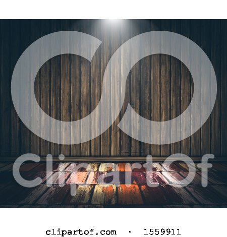 Clipart of a 3D Render of a Grunge Wooden Interior with Spotlight Shining down - Royalty Free Illustration by KJ Pargeter