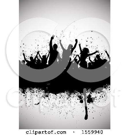 Clipart of a Silhouetted Dancing Crowd on a Grunge Banner over Gray - Royalty Free Vector Illustration by KJ Pargeter