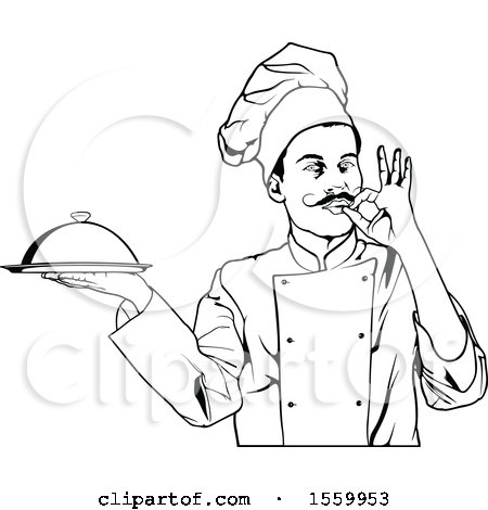 Clipart of a Black and White Male Chef Gesturing Perfect and Holding a Cloche - Royalty Free Vector Illustration by dero