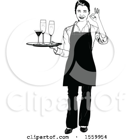 Clipart of a Grayscale Waitress Holding a Tray with Wine and Champagne - Royalty Free Vector Illustration by dero