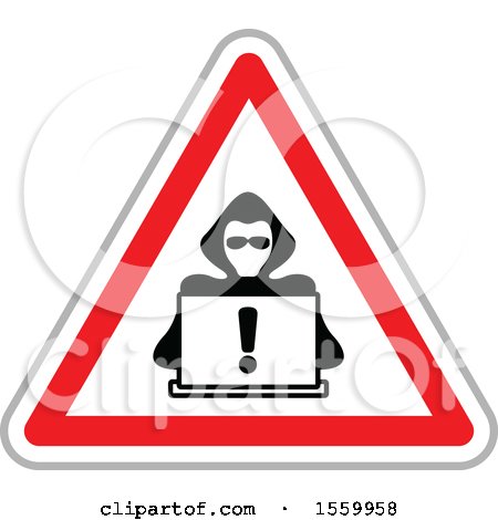 Clipart of a Hacker with a Laptop Computer in a Warning Triangle - Royalty Free Vector Illustration by dero