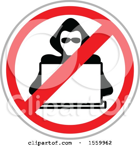 Clipart of a Hacker over a Laptop Computer in a Restricted Symbol - Royalty Free Vector Illustration by dero
