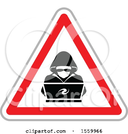 Clipart of a Hacker over a Laptop Computer in a Warning Triangle - Royalty Free Vector Illustration by dero