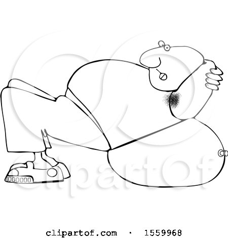 Clipart of a Cartoon Lineart Black Man Exercising on a Ball - Royalty Free Vector Illustration by djart