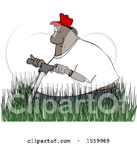 Clipart of a Cartoon Black Man Mowing in Really Tall Grass - Royalty Free Vector Illustration by djart