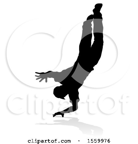 Clipart of a Silhouetted Male Hip Hop Dancer with a Reflection or Shadow, on a White Background - Royalty Free Vector Illustration by AtStockIllustration