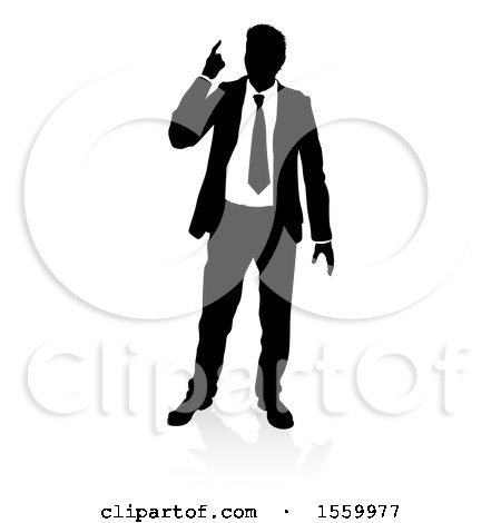 Clipart of a Silhouetted Business Man Pointing Up, with a Reflection or Shadow - Royalty Free Vector Illustration by AtStockIllustration