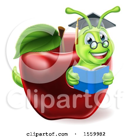 Clipart of a Cartoon Happy Green Graduate Book Worm Reading in a Red Apple - Royalty Free Vector Illustration by AtStockIllustration
