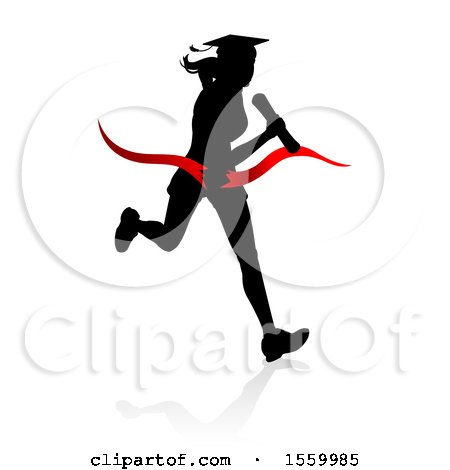 Clipart of a Black Silhouetted Female Graduate Running a Race, with a Shadow, Breaking Through a Red Finish Line Ribbon - Royalty Free Vector Illustration by AtStockIllustration