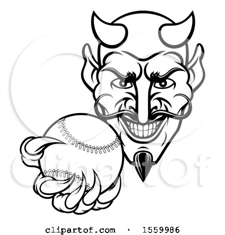 Clipart of a Black and White Grinning Evil Devil Holding out a Baseball in a Clawed Hand - Royalty Free Vector Illustration by AtStockIllustration