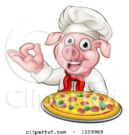 Clipart of a Chef Pig Holding a Pizza and Gesturing Perfect - Royalty Free Vector Illustration by AtStockIllustration