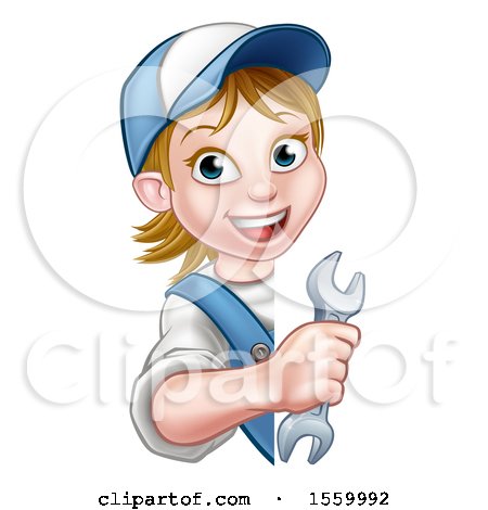 Clipart of a White Female Plumber Holding a Spanner Wrench Around a Sign - Royalty Free Vector Illustration by AtStockIllustration