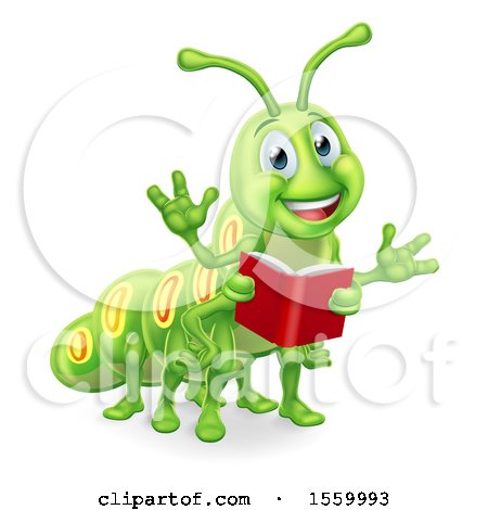 Clipart of a Happy Green Caterpillar Holding a Book - Royalty Free Vector Illustration by AtStockIllustration