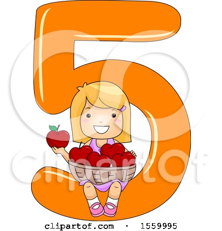 Clipart of a Happy Blond White Girl Holding 5 Apples and Sitting on Number Five - Royalty Free Vector Illustration by BNP Design Studio