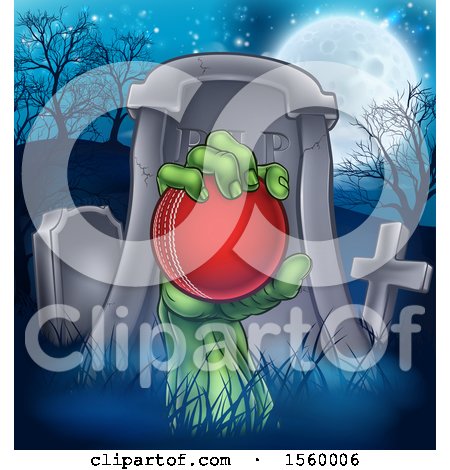 Clipart of a Rising Zombie Hand Holding a Cricket Ball in a Cemetery - Royalty Free Vector Illustration by AtStockIllustration
