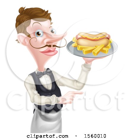 Clipart of a White Male Waiter Holding a Hot Dog and French Fries on a Platter and Pointing - Royalty Free Vector Illustration by AtStockIllustration