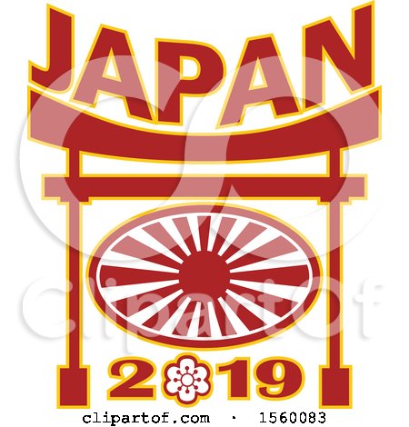 Clipart of a Rugby Ball with a Japanese Flag Rising Sun and Japan 2019 Text in a Pagoda - Royalty Free Vector Illustration by patrimonio