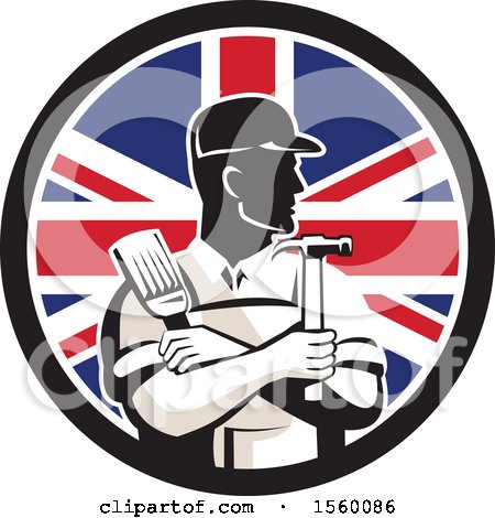 Clipart of a Retro Male Handyman Holding a Paintbrush and Hammer in a Union Jack Flag Circle - Royalty Free Vector Illustration by patrimonio