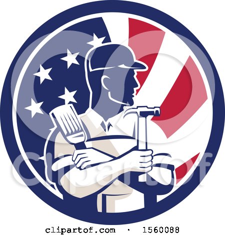 Clipart of a Retro Male Handyman Holding a Paintbrush and Hammer in an American Flag Circle - Royalty Free Vector Illustration by patrimonio