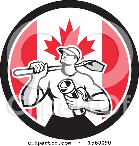 Clipart of a Retro Drainlayer Man Carrying a Shovel and Pipe in a Canadian Flag Circle - Royalty Free Vector Illustration by patrimonio