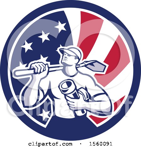 Clipart of a Retro Drainlayer Man Carrying a Shovel and Pipe in an American Flag Circle - Royalty Free Vector Illustration by patrimonio