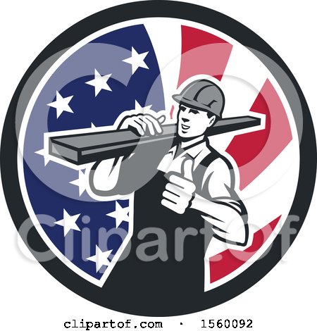 Clipart of a Retro Male Carpenter Carrying Lumber and Giving a Thumb up in an American Flag Circle - Royalty Free Vector Illustration by patrimonio